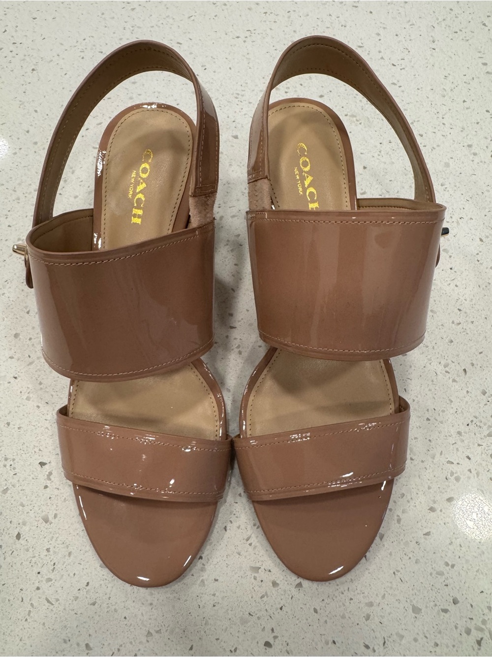 Women's COACH Patent Leather Wide-Strap Slingback Sandals in‎ Taupe-Luxury